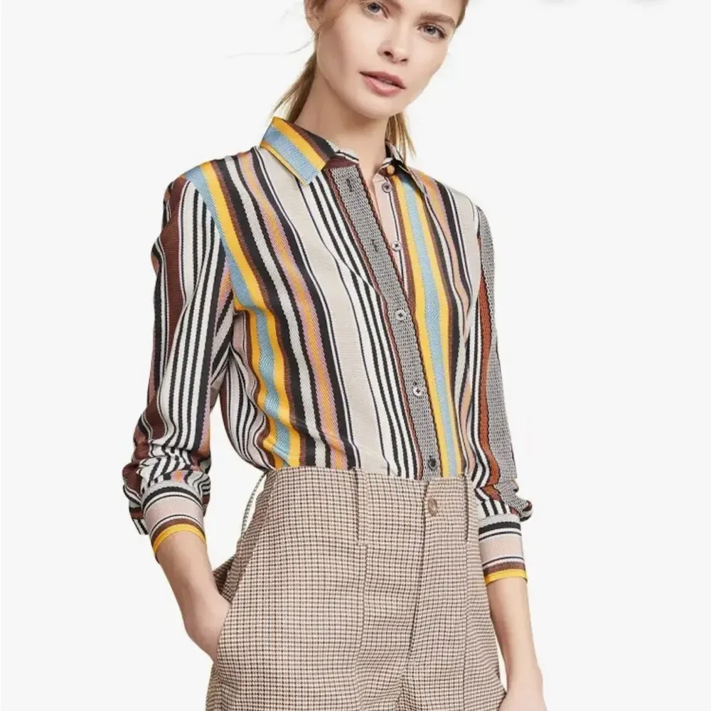 Tory Burch Silk Colorful Striped Button Front Shirt Blouse Womens 6